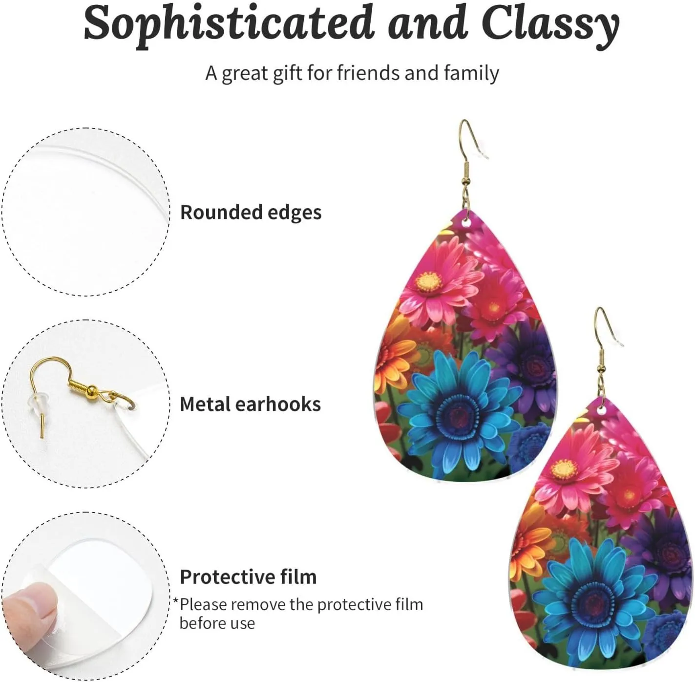 Stylish Drop-Shaped Acrylic Earrings Lightweight Printed Teardrop Dangle Earrings for Women (Rainbow Flowers)
