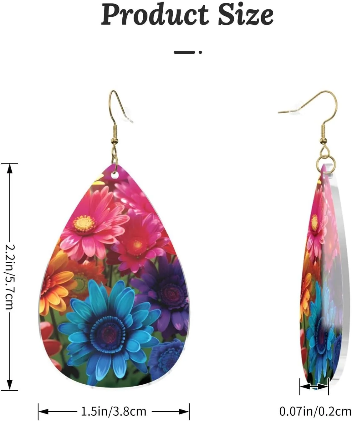 Stylish Drop-Shaped Acrylic Earrings Lightweight Printed Teardrop Dangle Earrings for Women (Rainbow Flowers)