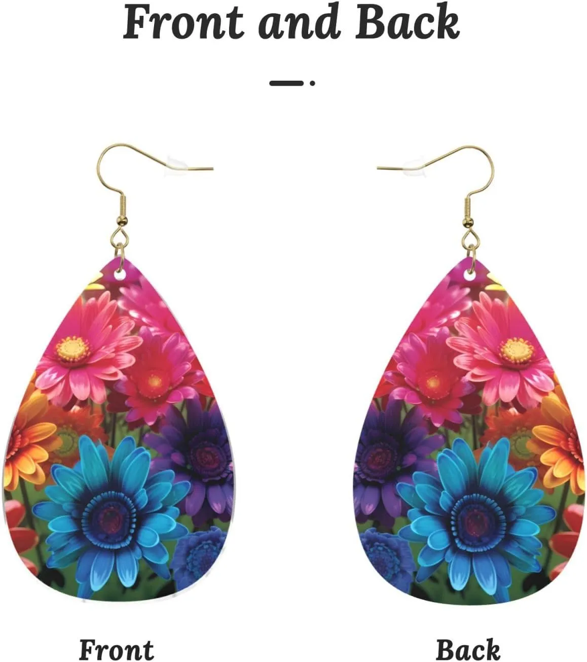 Stylish Drop-Shaped Acrylic Earrings Lightweight Printed Teardrop Dangle Earrings for Women (Rainbow Flowers)