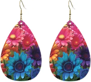 Stylish Drop-Shaped Acrylic Earrings Lightweight Printed Teardrop Dangle Earrings for Women (Rainbow Flowers)