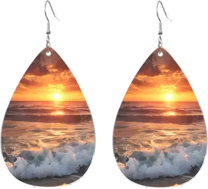Stylish Drop-Shaped Acrylic Earrings Lightweight Printed Teardrop Dangle Earrings for Women (Sunset beach)