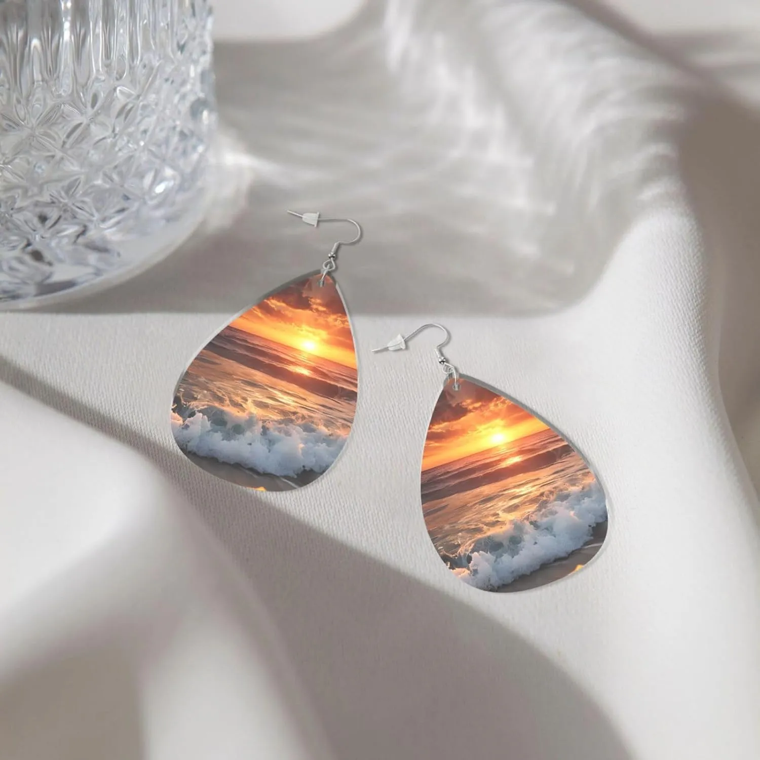 Stylish Drop-Shaped Acrylic Earrings Lightweight Printed Teardrop Dangle Earrings for Women (Sunset beach)