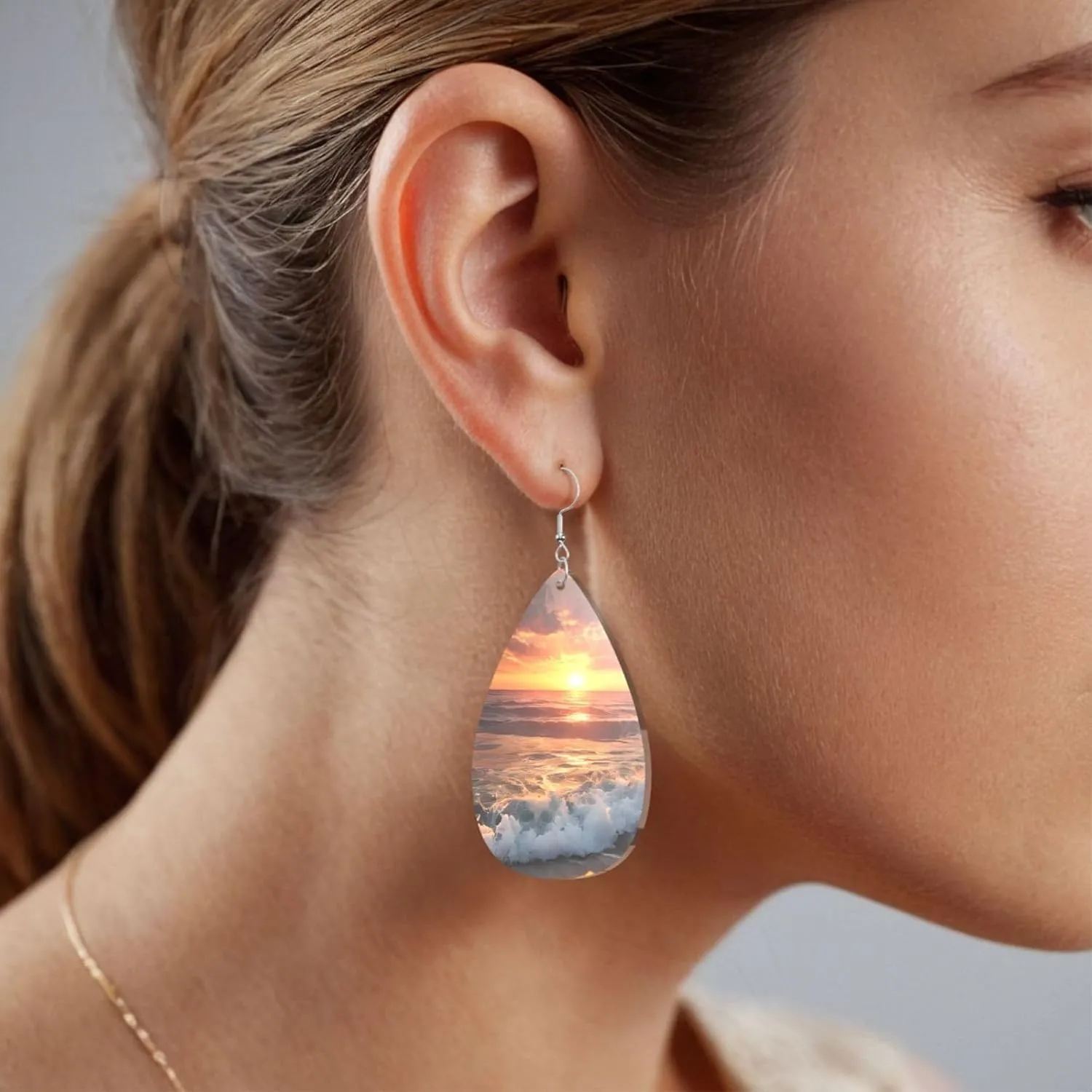 Stylish Drop-Shaped Acrylic Earrings Lightweight Printed Teardrop Dangle Earrings for Women (Sunset beach)
