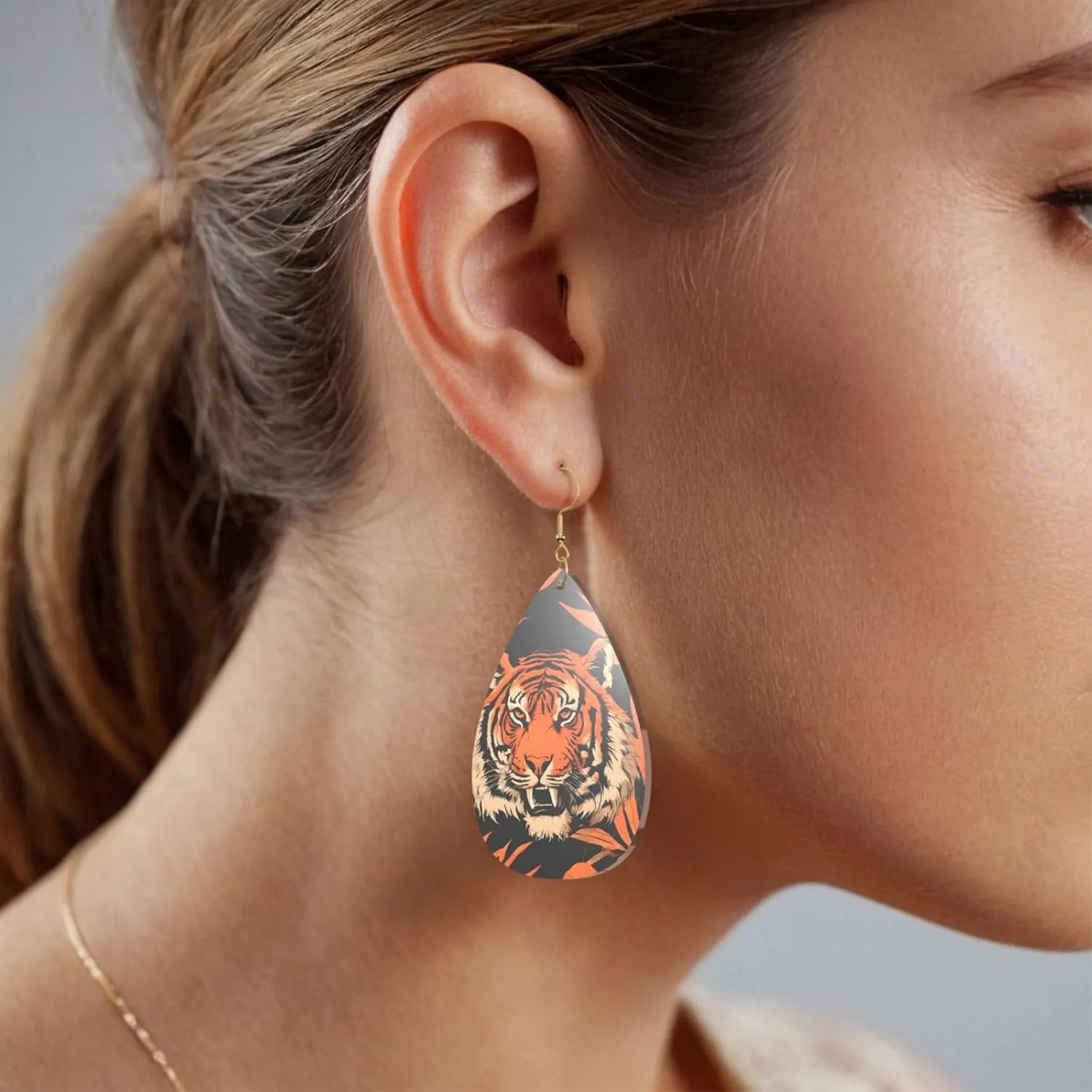 Stylish Drop-Shaped Acrylic Earrings Lightweight Printed Teardrop Dangle Earrings for Women (Tiger Stripes Orange Pattern)