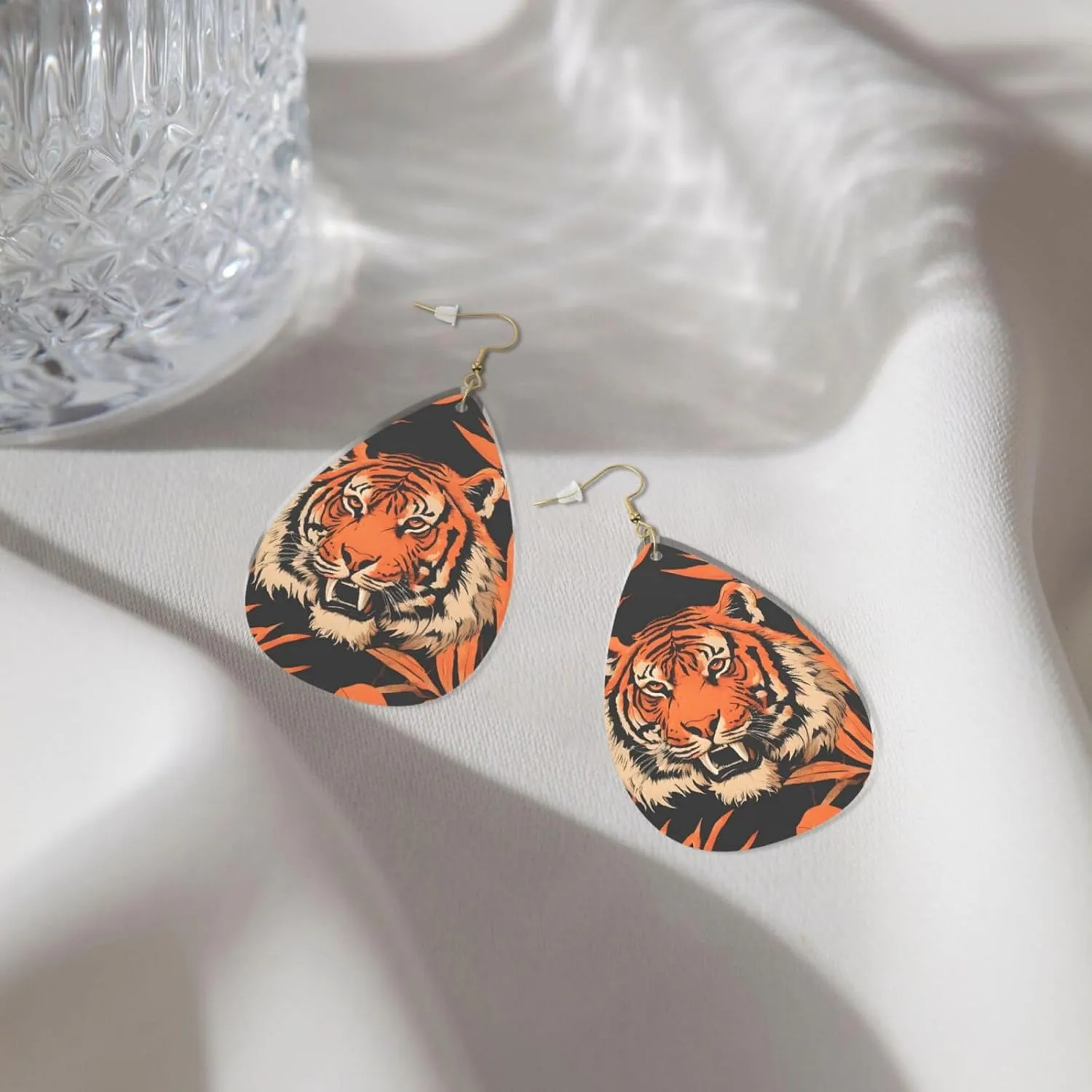 Stylish Drop-Shaped Acrylic Earrings Lightweight Printed Teardrop Dangle Earrings for Women (Tiger Stripes Orange Pattern)