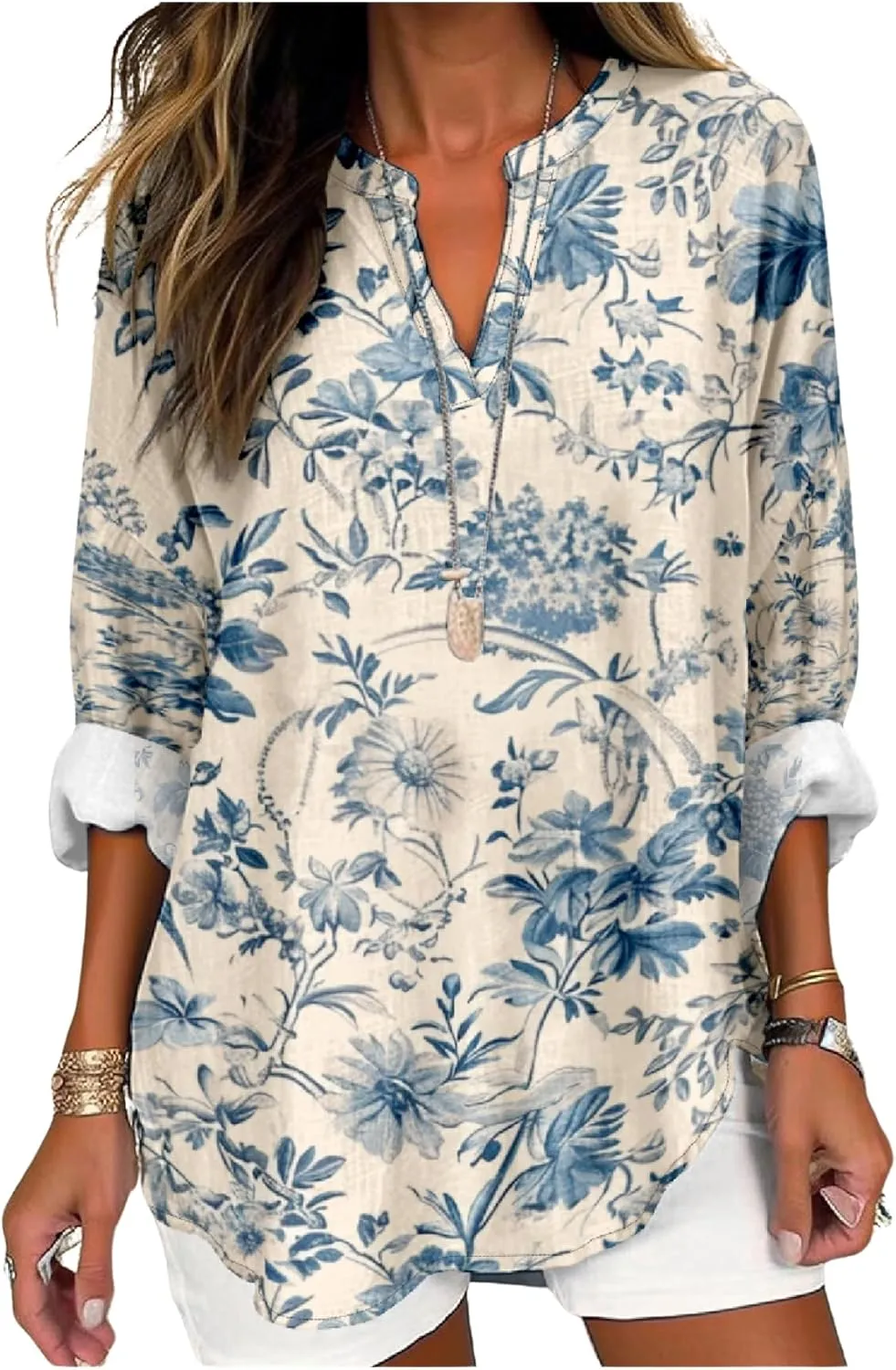 Summer Lightweight Blouses 3/4 Long Sleeve Office Shirts for Women V Neck Casual Fit Trendy Bussiness Work Tops