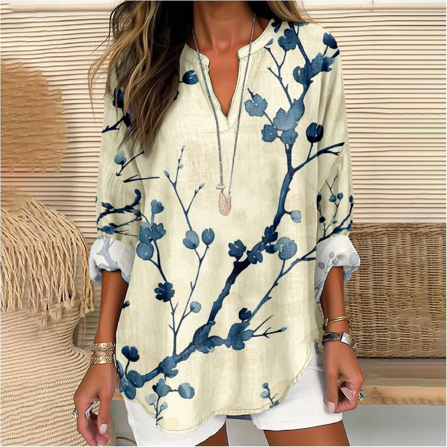 Summer Lightweight Blouses 3/4 Long Sleeve Office Shirts for Women V Neck Casual Fit Trendy Bussiness Work Tops