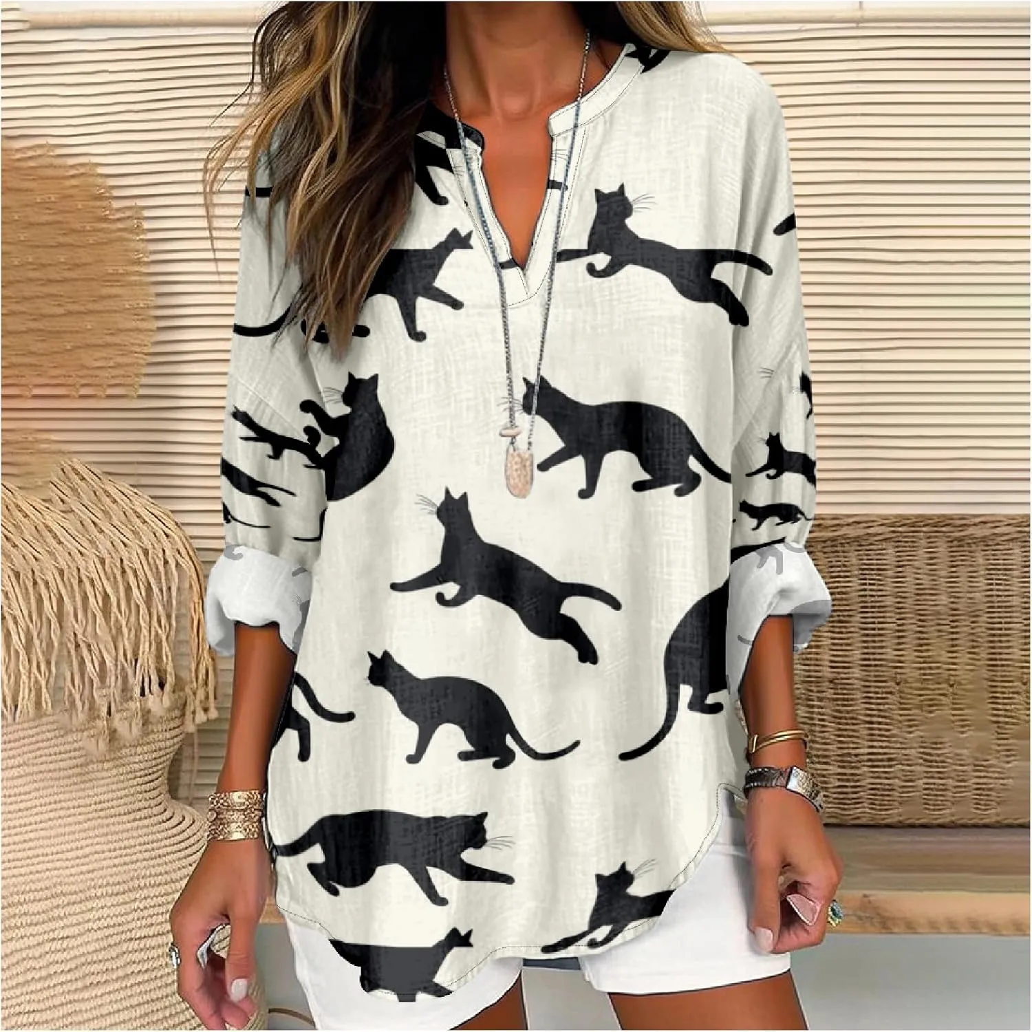 Summer Lightweight Blouses 3/4 Long Sleeve Office Shirts for Women V Neck Casual Fit Trendy Bussiness Work Tops
