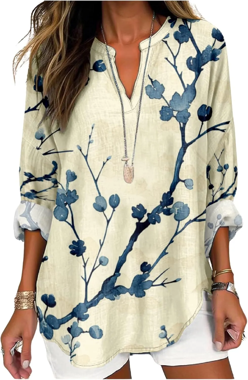 Summer Lightweight Blouses 3/4 Long Sleeve Office Shirts for Women V Neck Casual Fit Trendy Bussiness Work Tops
