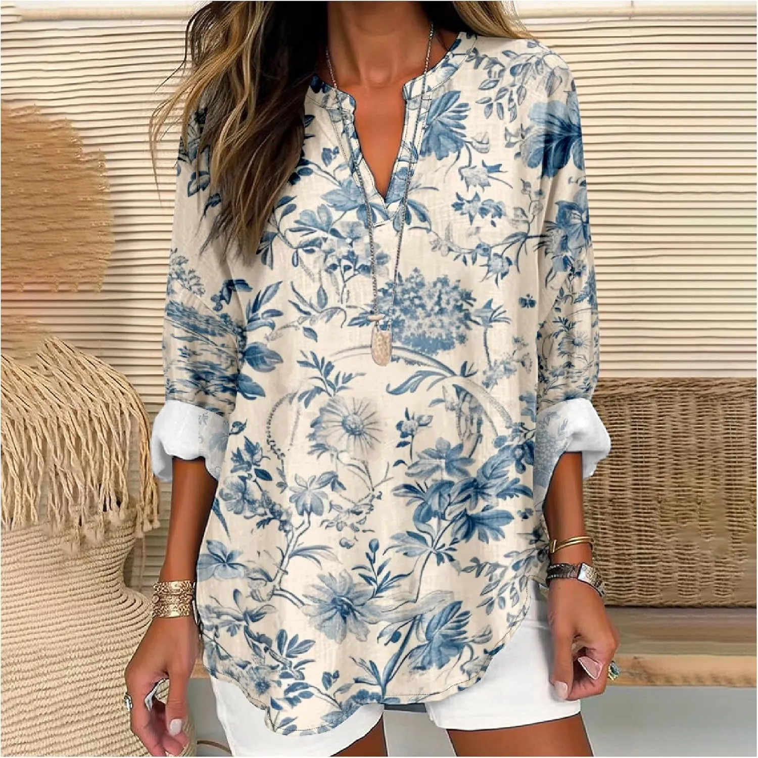 Summer Lightweight Blouses 3/4 Long Sleeve Office Shirts for Women V Neck Casual Fit Trendy Bussiness Work Tops