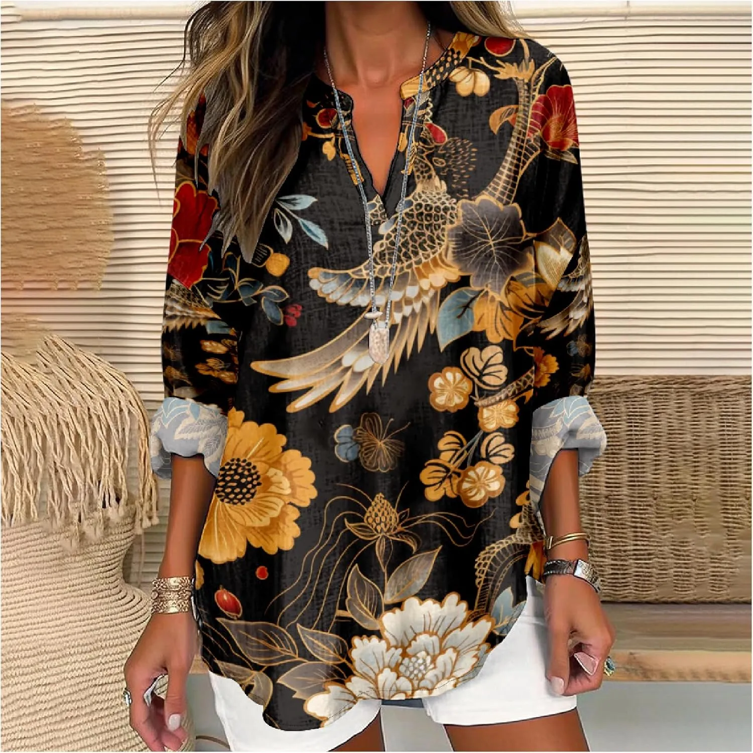 Summer Lightweight Blouses 3/4 Long Sleeve Office Shirts for Women V Neck Casual Fit Trendy Bussiness Work Tops