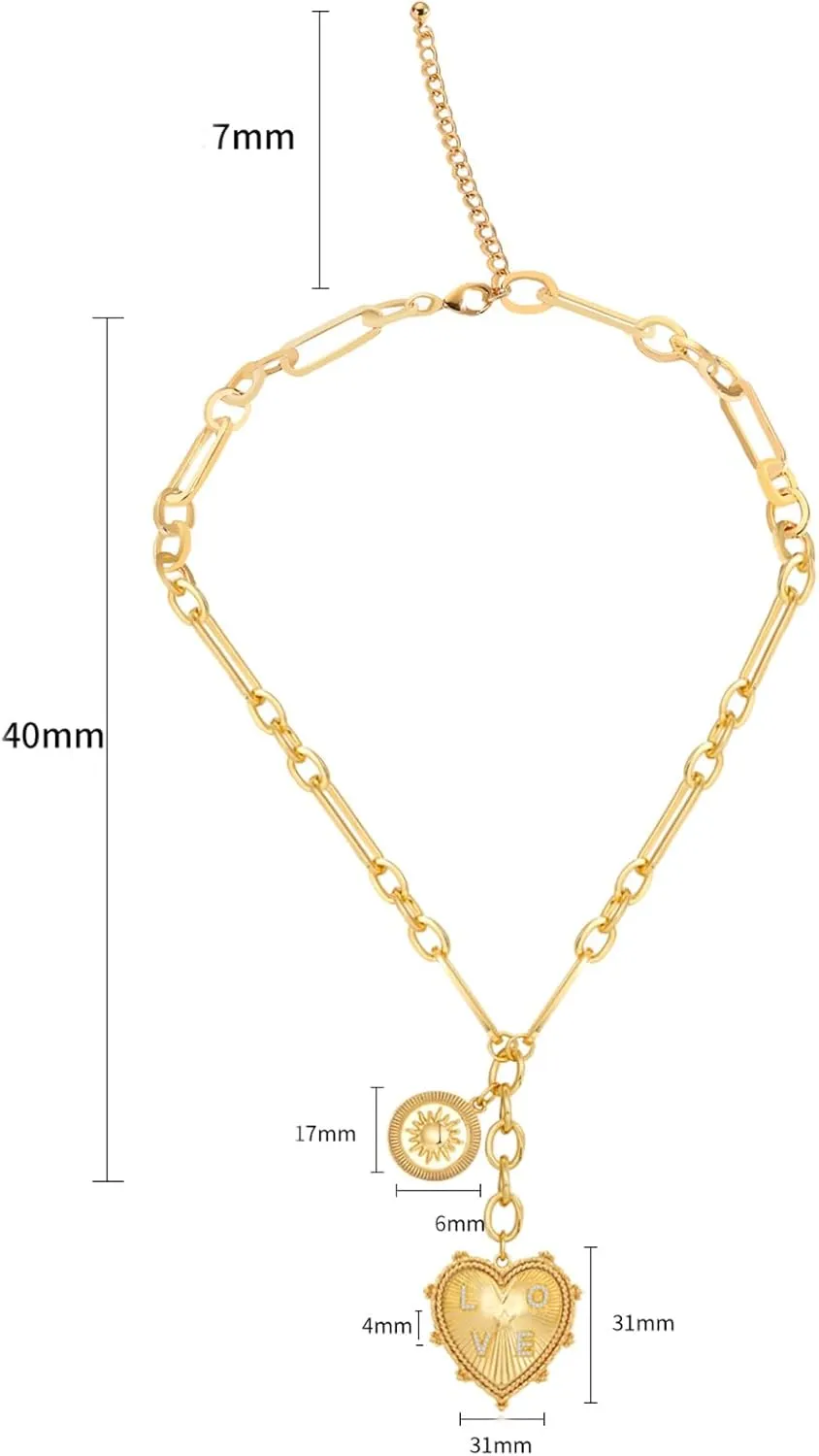 Sun Heart Charms Necklace Chunky Gold Necklace Heart Pendent Necklaces for Women 18K Gold Plated Choker Aesthetic Jewelry Hip Hop Unisex Necklaces Gold Statement Jewelry
