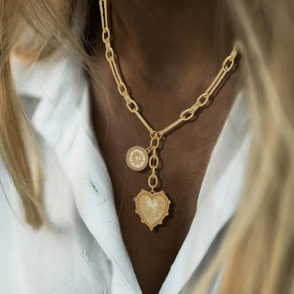 Sun Heart Charms Necklace Chunky Gold Necklace Heart Pendent Necklaces for Women 18K Gold Plated Choker Aesthetic Jewelry Hip Hop Unisex Necklaces Gold Statement Jewelry
