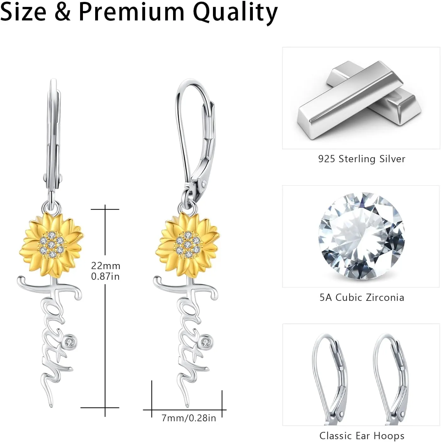 Sunflower Faith Earrings 925 Sterling Silver Faith Cross Hoop Huggie Hypoallergenic You Are My Sunshine Christian Earring Jewelry for Women