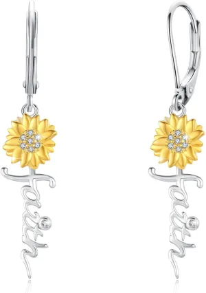 Sunflower Faith Earrings 925 Sterling Silver Faith Cross Hoop Huggie Hypoallergenic You Are My Sunshine Christian Earring Jewelry for Women