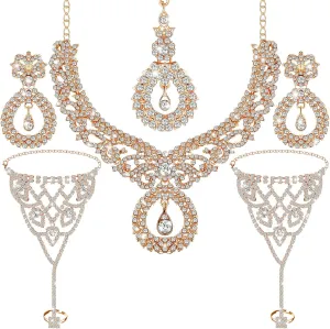 Sureio Indian Jewelry Sets for Women Bollywood Wedding Jewelry Set Choker Necklace Maang Tikka Earrings Rhinestone Bracelet