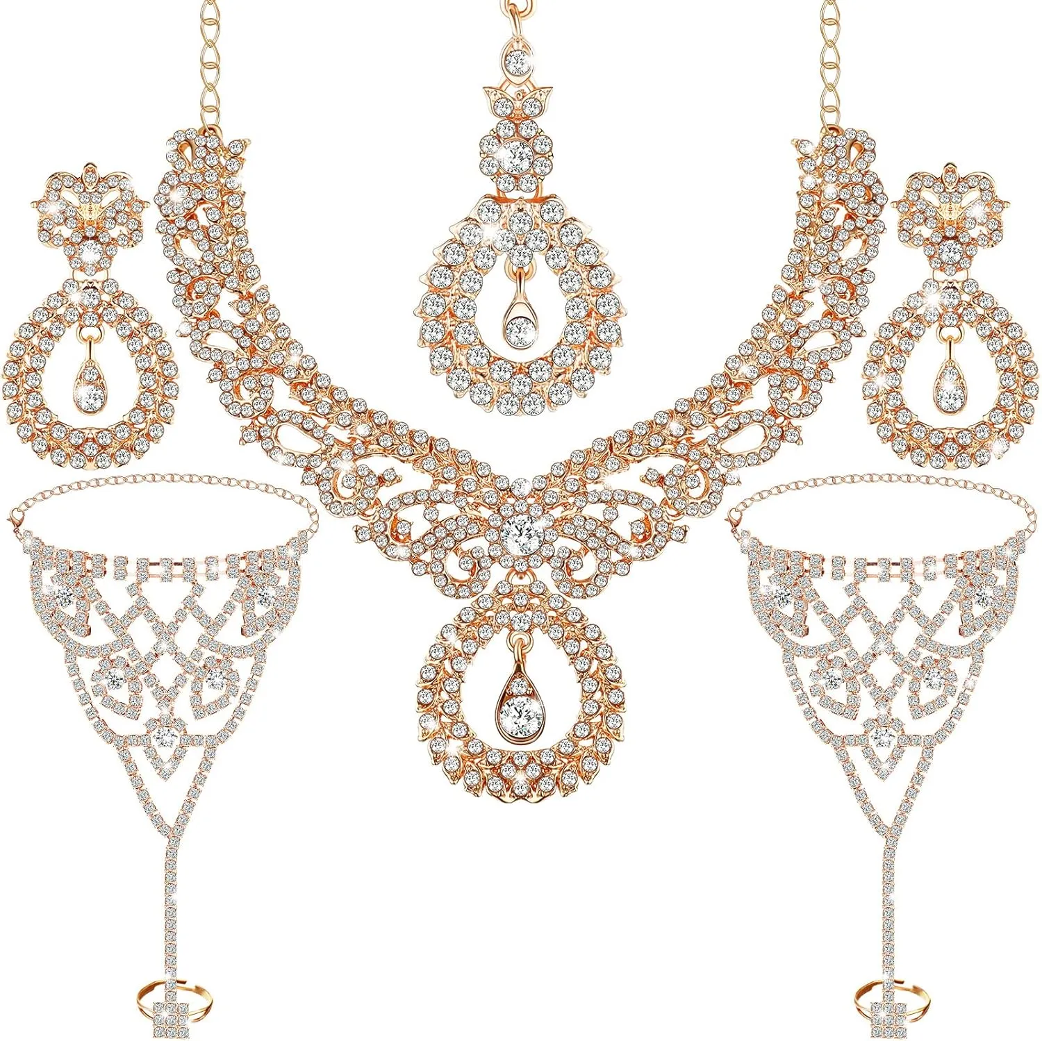 Sureio Indian Jewelry Sets for Women Bollywood Wedding Jewelry Set Choker Necklace Maang Tikka Earrings Rhinestone Bracelet