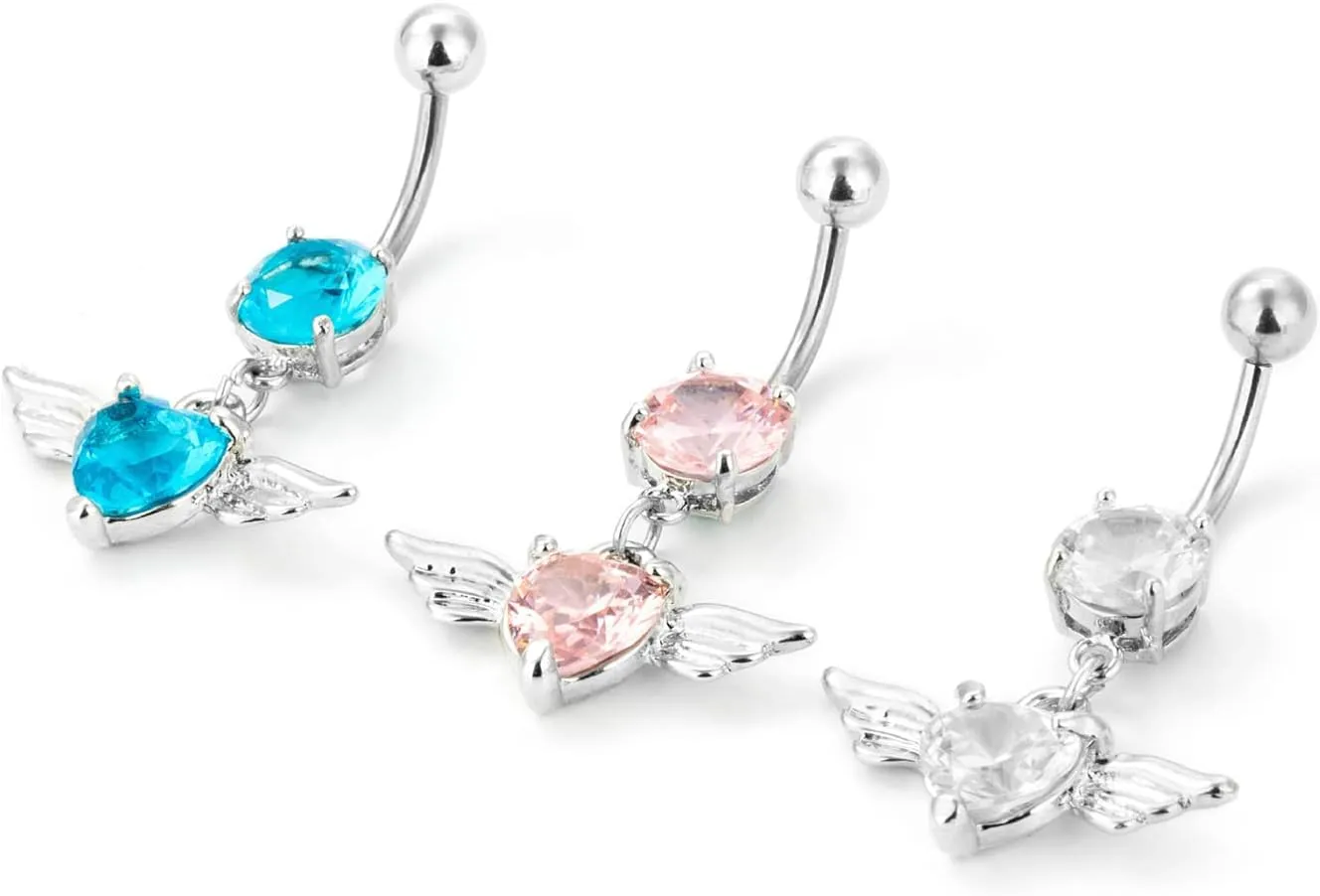 Surgical Steel Belly Rings for Women, Wing Belly Rings Valentines Day Cubic Zirconia 14G Heart Belly Button Rings