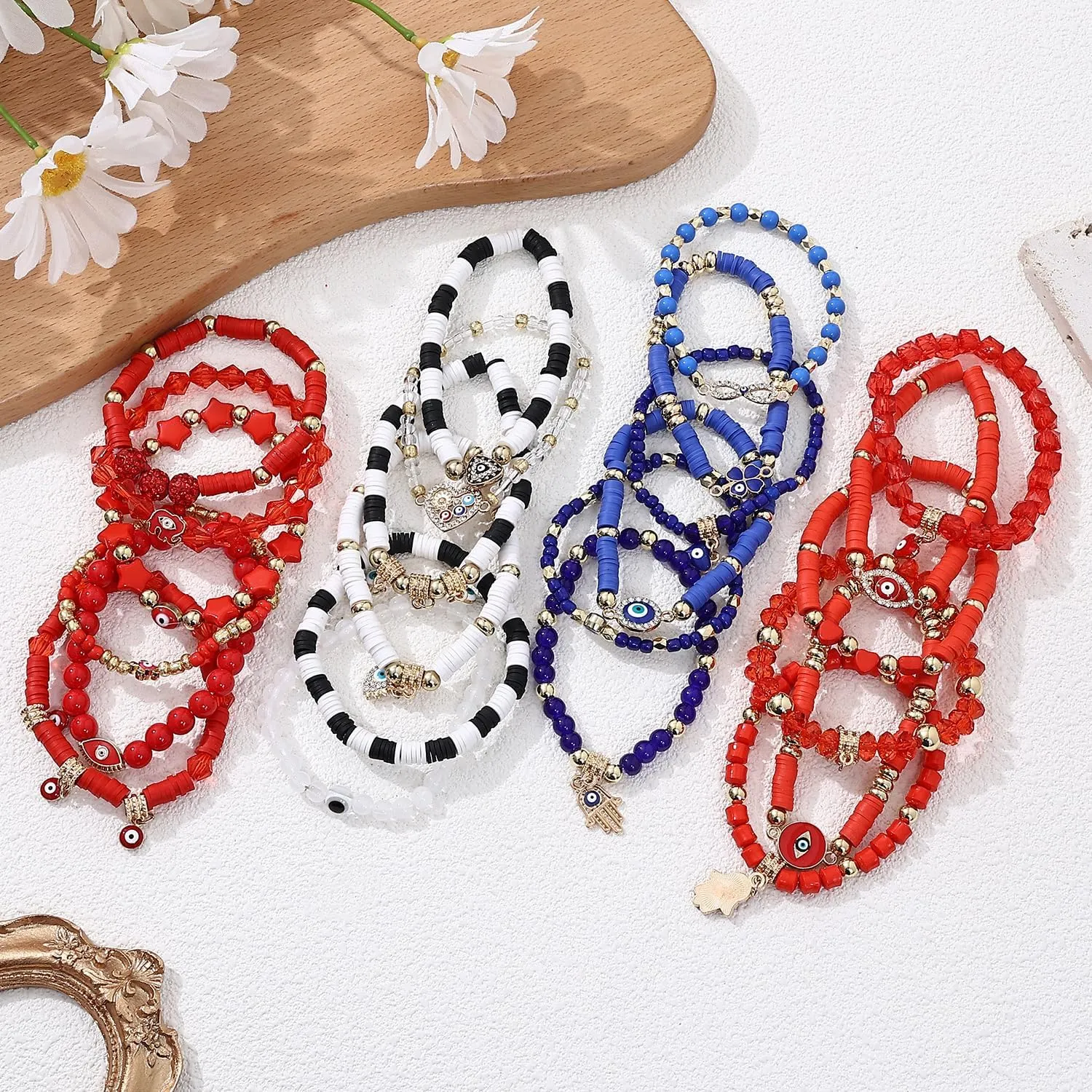 Taouzi 24 Pieces Surfer Heishi Bracelets for Women Handmade Stackable Stretch Friendship Bracelets Bulk 4th of July Bracelets Holiday Jewelry Gifts for Women Men