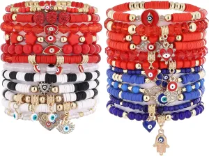 Taouzi 24 Pieces Surfer Heishi Bracelets for Women Handmade Stackable Stretch Friendship Bracelets Bulk 4th of July Bracelets Holiday Jewelry Gifts for Women Men
