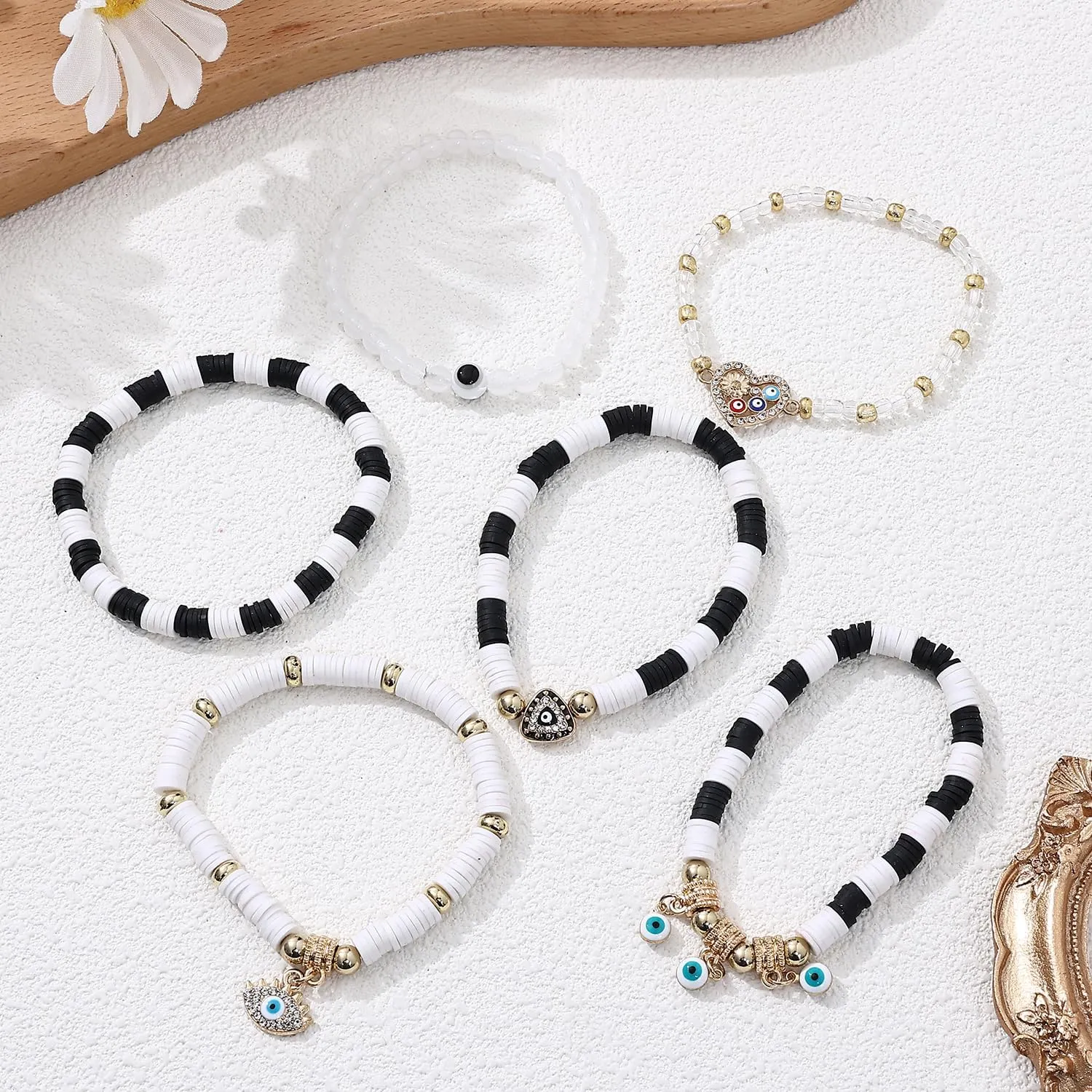 Taouzi 24 Pieces Surfer Heishi Bracelets for Women Handmade Stackable Stretch Friendship Bracelets Bulk 4th of July Bracelets Holiday Jewelry Gifts for Women Men