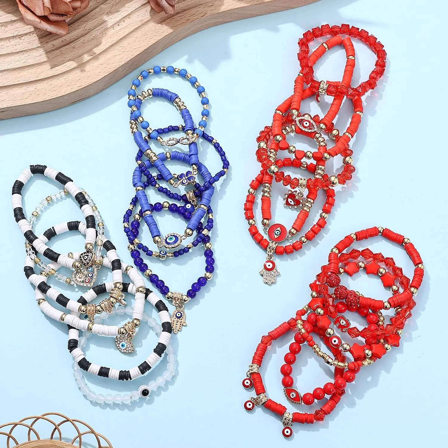 Taouzi 24 Pieces Surfer Heishi Bracelets for Women Handmade Stackable Stretch Friendship Bracelets Bulk 4th of July Bracelets Holiday Jewelry Gifts for Women Men