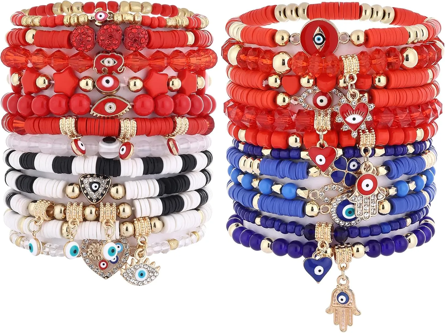Taouzi 24 Pieces Surfer Heishi Bracelets for Women Handmade Stackable Stretch Friendship Bracelets Bulk 4th of July Bracelets Holiday Jewelry Gifts for Women Men