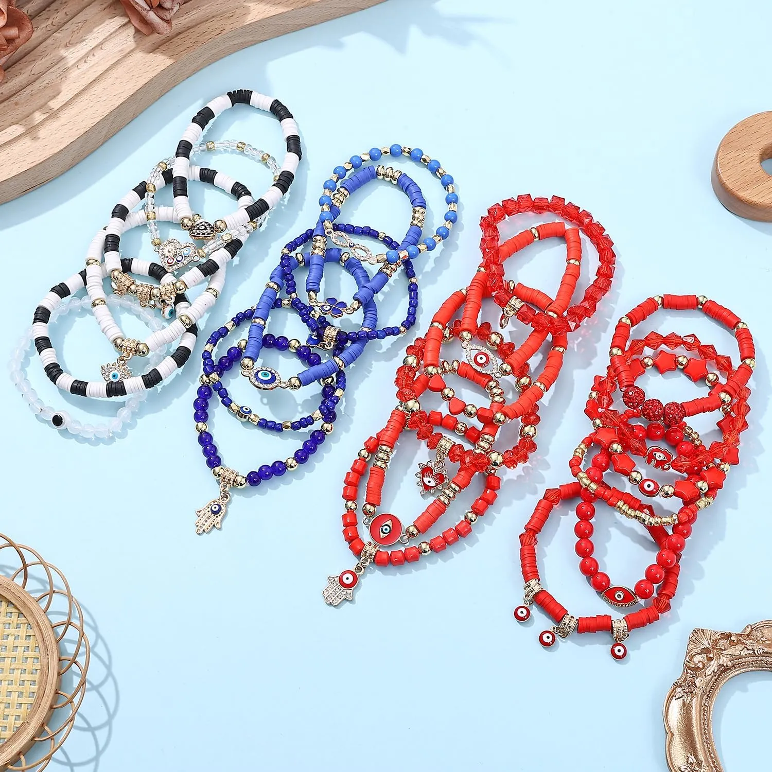 Taouzi 24 Pieces Surfer Heishi Bracelets for Women Handmade Stackable Stretch Friendship Bracelets Bulk 4th of July Bracelets Holiday Jewelry Gifts for Women Men
