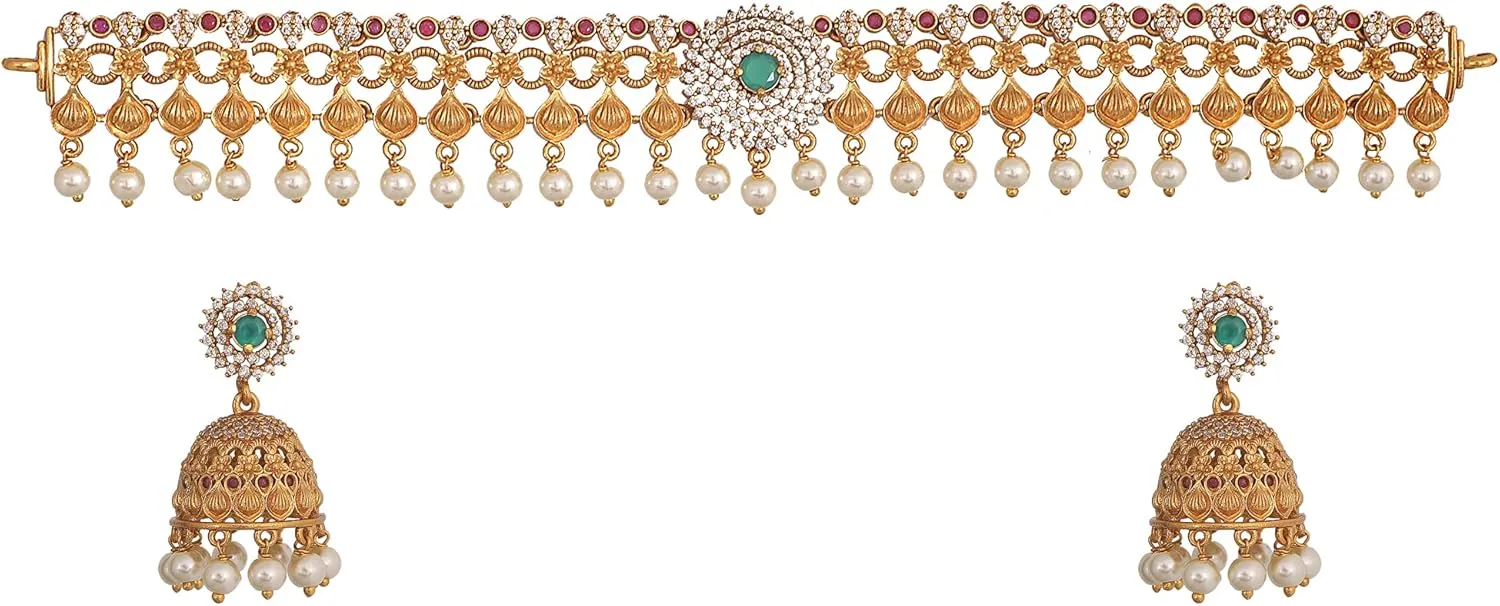 TARINIKA Antique Gold Plated Neera Choker Set with Floral Design - Indian Jewelry Sets for Women | Perfect for Casual Occasions | Traditional Indian Choker Jewelry set | 1 Year Warranty*