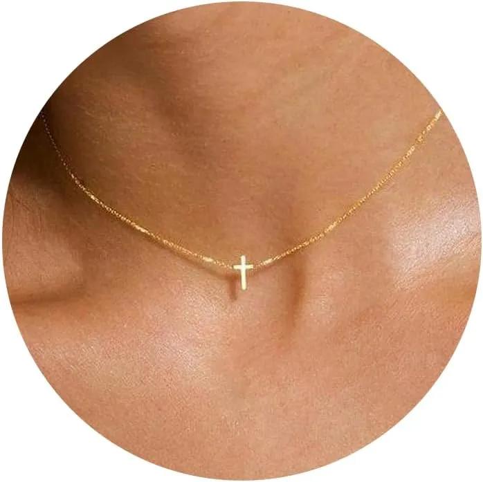Tewiky Dainty Cross Necklace for Women, 14K Gold Plated Simple Cross Choker Necklaces Small Cross Pendant Tiny Cute Necklaces Handmade Aesthetic Gold Jewelry for Women