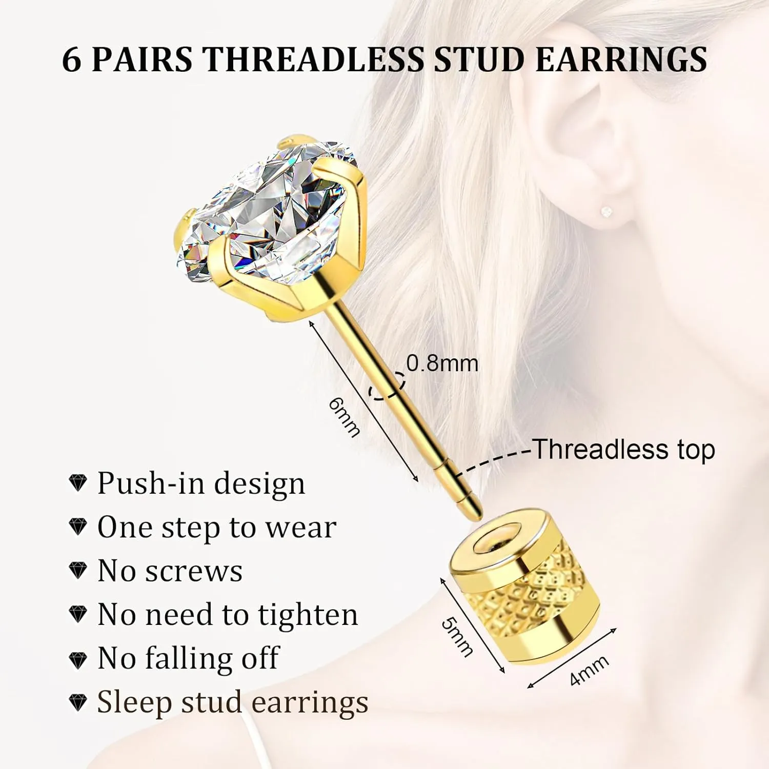Threadless Flat Back Stud Earrings, 6 Pairs Titanium Hypoallergenic Earrings for Women Men, Cubic Zirconia Silver Gold Stud Earrings Surgical Stainless Steel Stud Earring Set for Cartilage 2-8mm