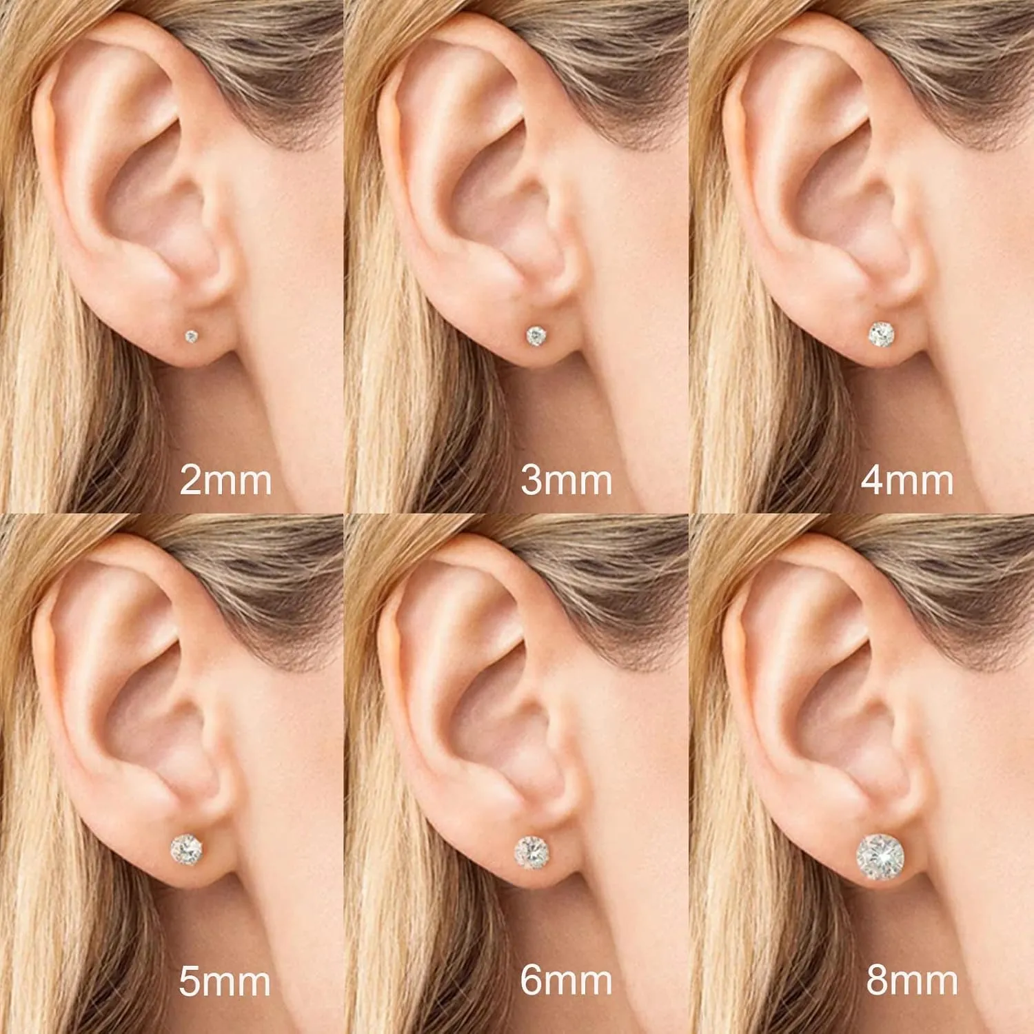 Threadless Flat Back Stud Earrings, 6 Pairs Titanium Hypoallergenic Earrings for Women Men, Cubic Zirconia Silver Gold Stud Earrings Surgical Stainless Steel Stud Earring Set for Cartilage 2-8mm