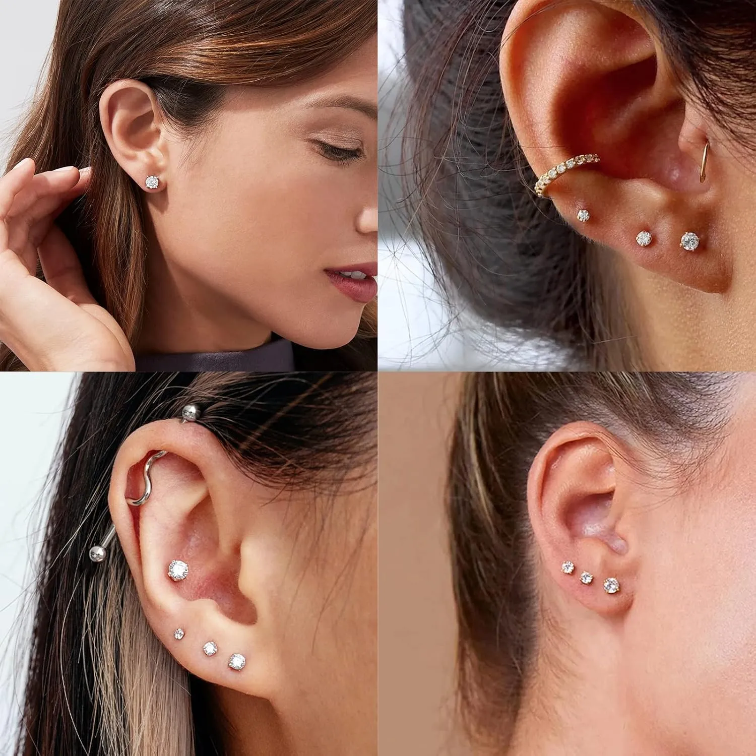 Threadless Flat Back Stud Earrings, 6 Pairs Titanium Hypoallergenic Earrings for Women Men, Cubic Zirconia Silver Gold Stud Earrings Surgical Stainless Steel Stud Earring Set for Cartilage 2-8mm