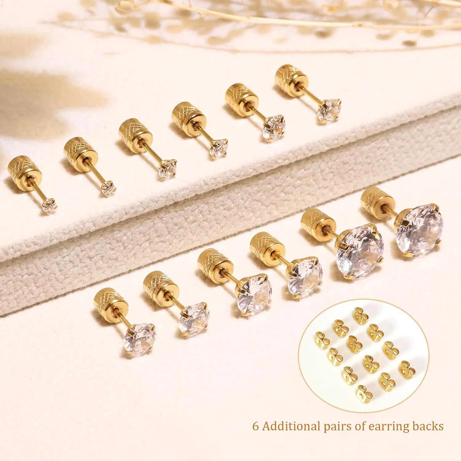 Threadless Flat Back Stud Earrings, 6 Pairs Titanium Hypoallergenic Earrings for Women Men, Cubic Zirconia Silver Gold Stud Earrings Surgical Stainless Steel Stud Earring Set for Cartilage 2-8mm