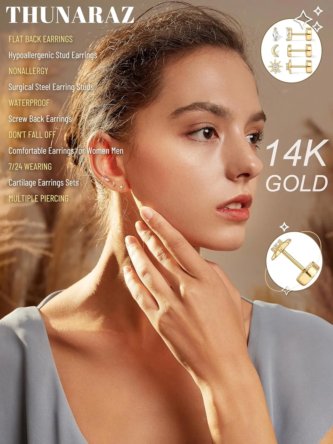 THUNARAZ 14K Gold Flat Back Earrings for Women Men Dainty Hypoallergenic Surgical Stainless Steel Stud Small Cartilage Helix Conch Tragus Multiple Piercing Jewelry Screw Back Earring Sets CZ Opal 20G