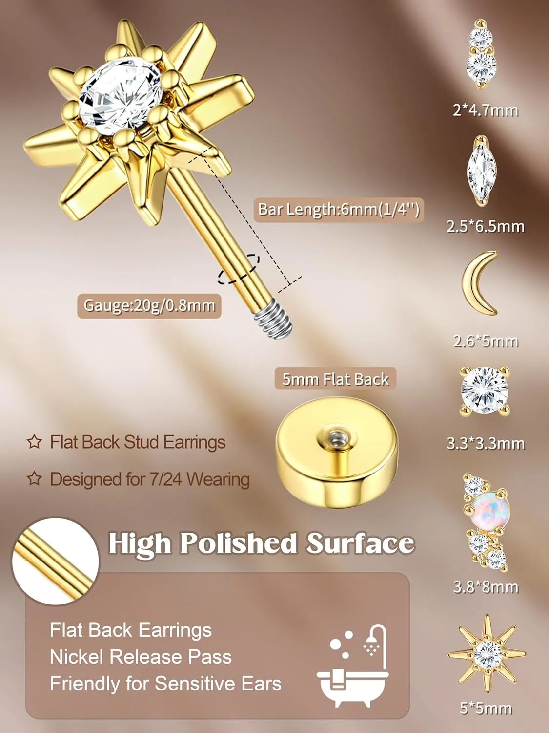 THUNARAZ 14K Gold Flat Back Earrings for Women Men Dainty Hypoallergenic Surgical Stainless Steel Stud Small Cartilage Helix Conch Tragus Multiple Piercing Jewelry Screw Back Earring Sets CZ Opal 20G