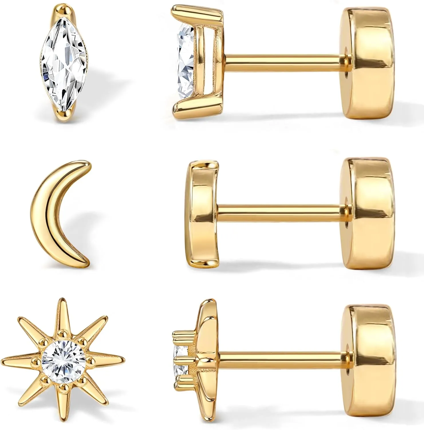 THUNARAZ 14K Gold Flat Back Earrings for Women Men Dainty Hypoallergenic Surgical Stainless Steel Stud Small Cartilage Helix Conch Tragus Multiple Piercing Jewelry Screw Back Earring Sets CZ Opal 20G