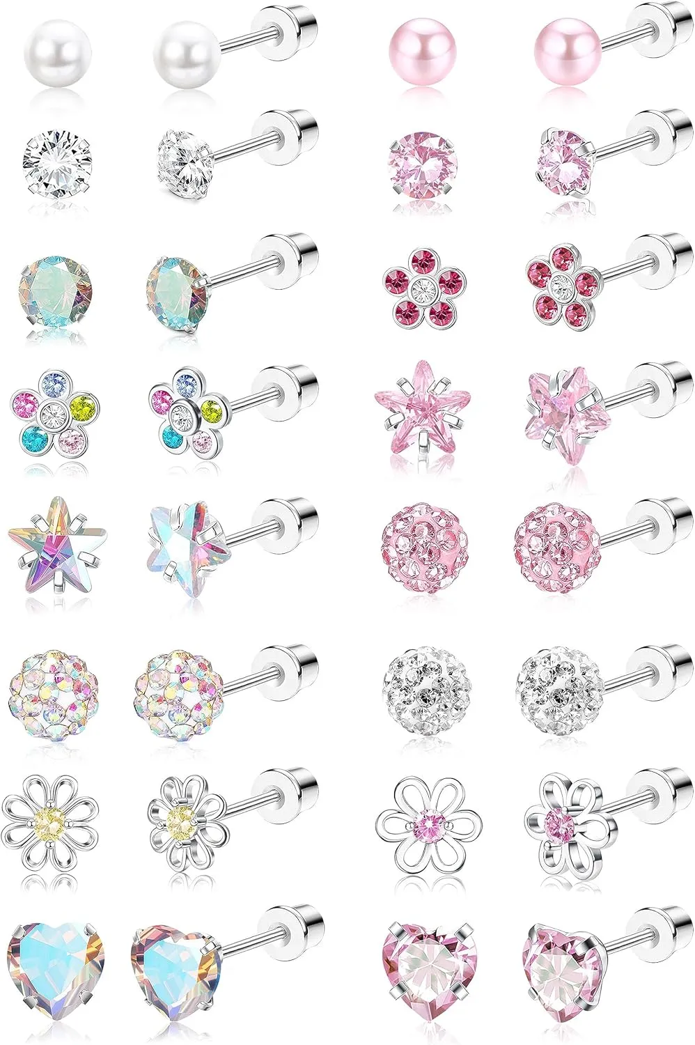 THUNARAZ 16 Pairs Hypoallergenic Screw Back Earrings for Women Girls Surgical Steel Tiny CZ Pearl Ball Heart Flower Screwback Flat Back Stud Earrings Set 20G