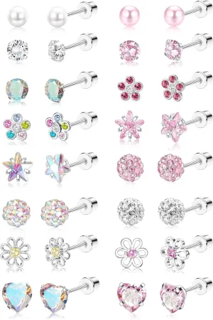 THUNARAZ 16 Pairs Hypoallergenic Screw Back Earrings for Women Girls Surgical Steel Tiny CZ Pearl Ball Heart Flower Screwback Flat Back Stud Earrings Set 20G