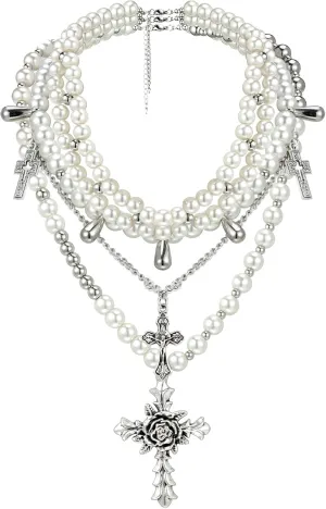 Tondiamo 3 Pcs Pearl Layered Gothic Cross Necklaces for Women - White Layered Statement Necklaces Y2k Choker with Rose Cross Pendant and Pearl Stacked Chain