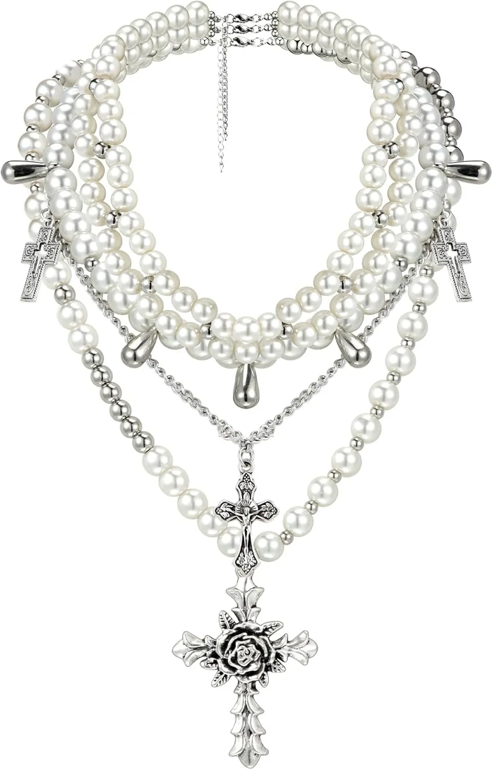 Tondiamo 3 Pcs Pearl Layered Gothic Cross Necklaces for Women - White Layered Statement Necklaces Y2k Choker with Rose Cross Pendant and Pearl Stacked Chain