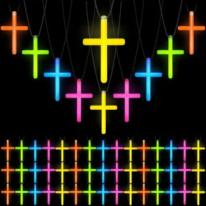 Tondiamo Cross Necklace Bulk Glow Necklaces Glow in the Dark Plastic Luminous Cross Religious Party Favor for Valentines Easter Christian Halloween Church Party