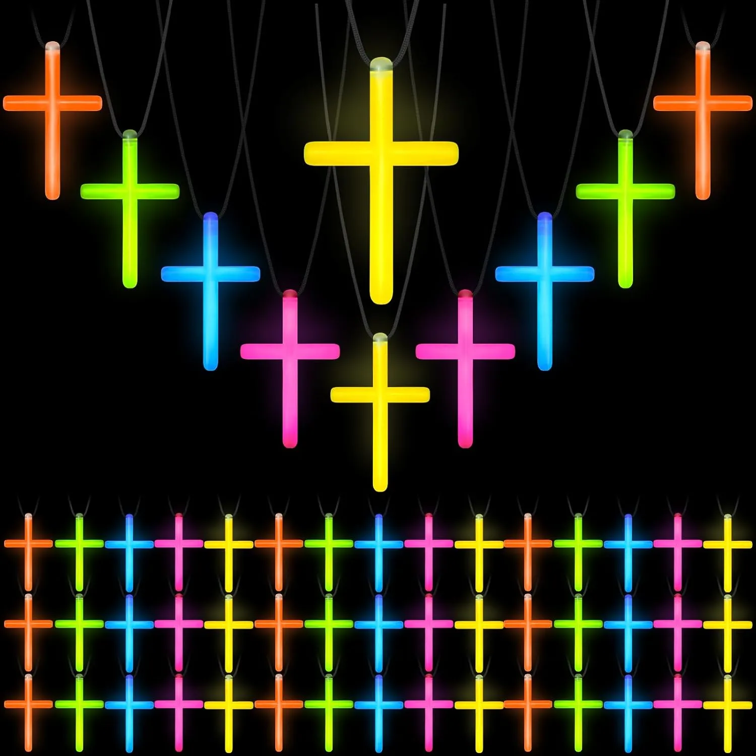 Tondiamo Cross Necklace Bulk Glow Necklaces Glow in the Dark Plastic Luminous Cross Religious Party Favor for Valentines Easter Christian Halloween Church Party
