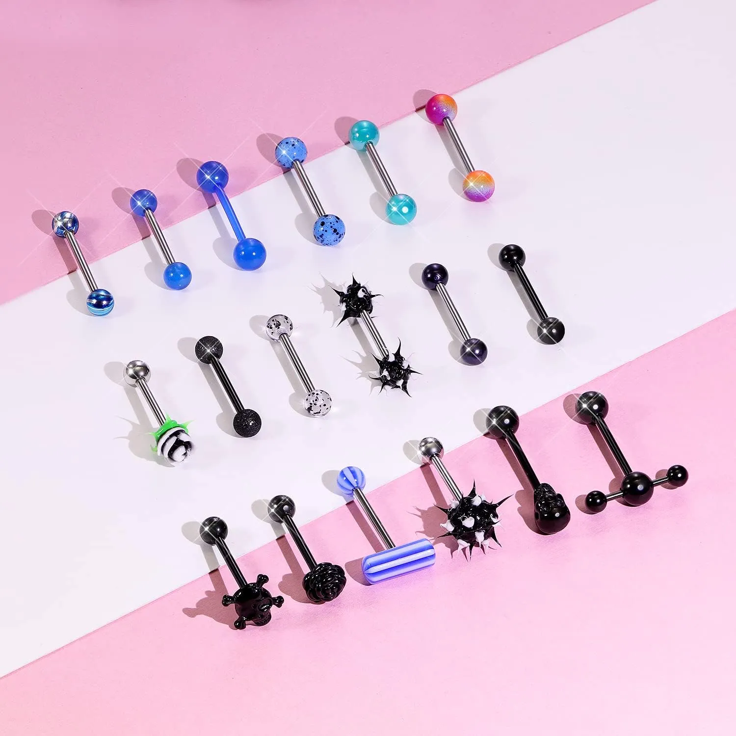 Tongue Rings: Surgical Steel, 14G Piercing Jewelry - Dark Flower, Glow-In-The-Dark Skull, 5/8" (16MM) Rainbow Glitter T-Shape Tongue Ring