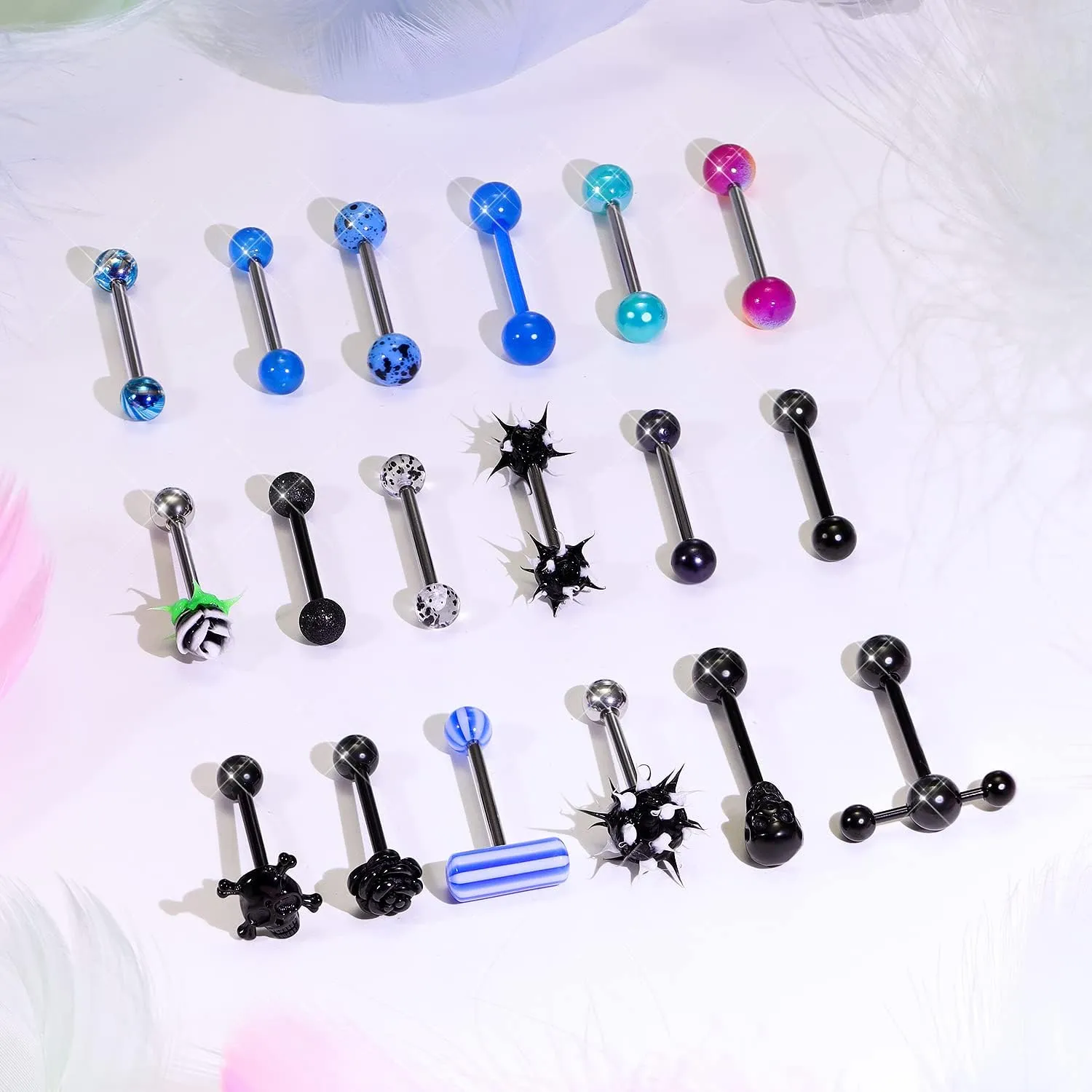 Tongue Rings: Surgical Steel, 14G Piercing Jewelry - Dark Flower, Glow-In-The-Dark Skull, 5/8" (16MM) Rainbow Glitter T-Shape Tongue Ring
