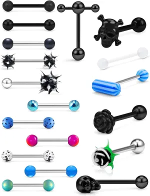 Tongue Rings: Surgical Steel, 14G Piercing Jewelry - Dark Flower, Glow-In-The-Dark Skull, 5/8" (16MM) Rainbow Glitter T-Shape Tongue Ring