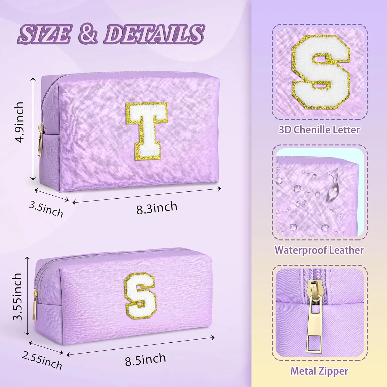 TOPEAST Cosmetic Bag for Women, 2 Pack Personalized Initial Letter Makeup Bag Set, Monogram Makeup Bag Cosmetic Bag, PU Leather Waterproof Travel Toiletry Bag Preppy Makeup Bag For Women, Purple J