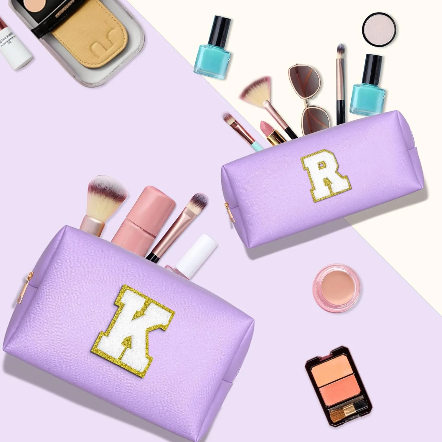 TOPEAST Cosmetic Bag for Women, 2 Pack Personalized Initial Letter Makeup Bag Set, Monogram Makeup Bag Cosmetic Bag, PU Leather Waterproof Travel Toiletry Bag Preppy Makeup Bag For Women, Purple J