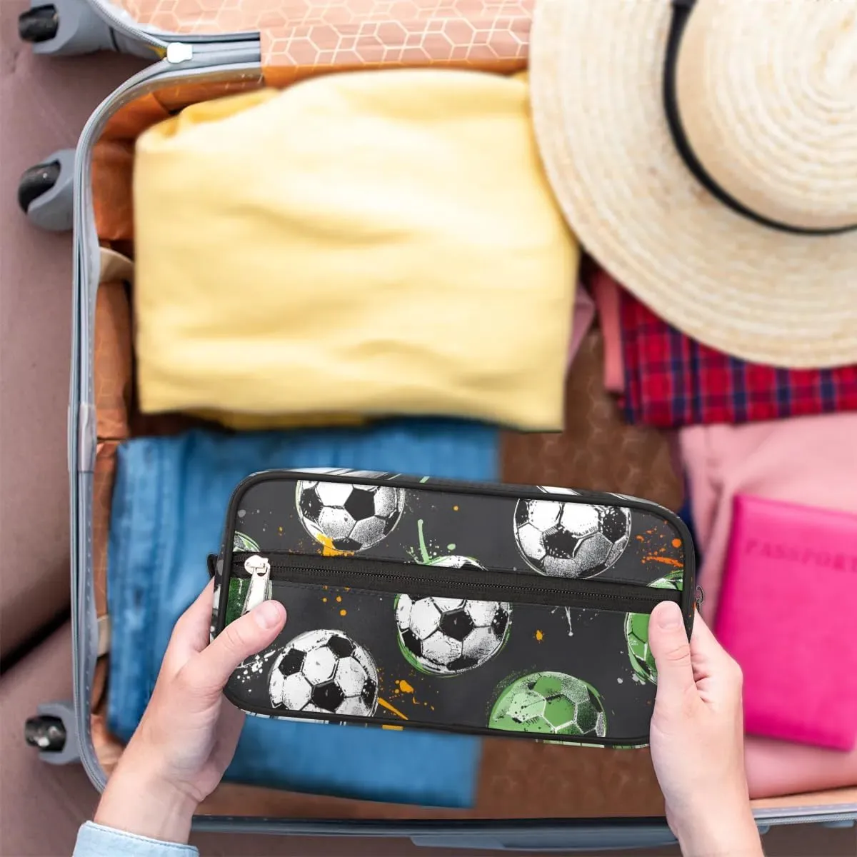 Travel Toiletry Bag for Women Men Soccer Sport Theme Hanging Cosmetic Bag Waterproof Makeup Bag for Shaving Makeup Toothbrush & Travel Essentials