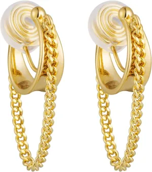 Trendy Clip On Hugiie Hoop Earrings For Women Teens Chain Flower Dangle Drop Clip Earrings Gold Tone